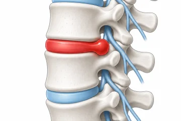 Illustrazione: ernia del disco lombare. L'ozonoterapia agisce sull'infiammazione del disco e dei tessuti circostanti — Studio Ierna, Roma EUR.