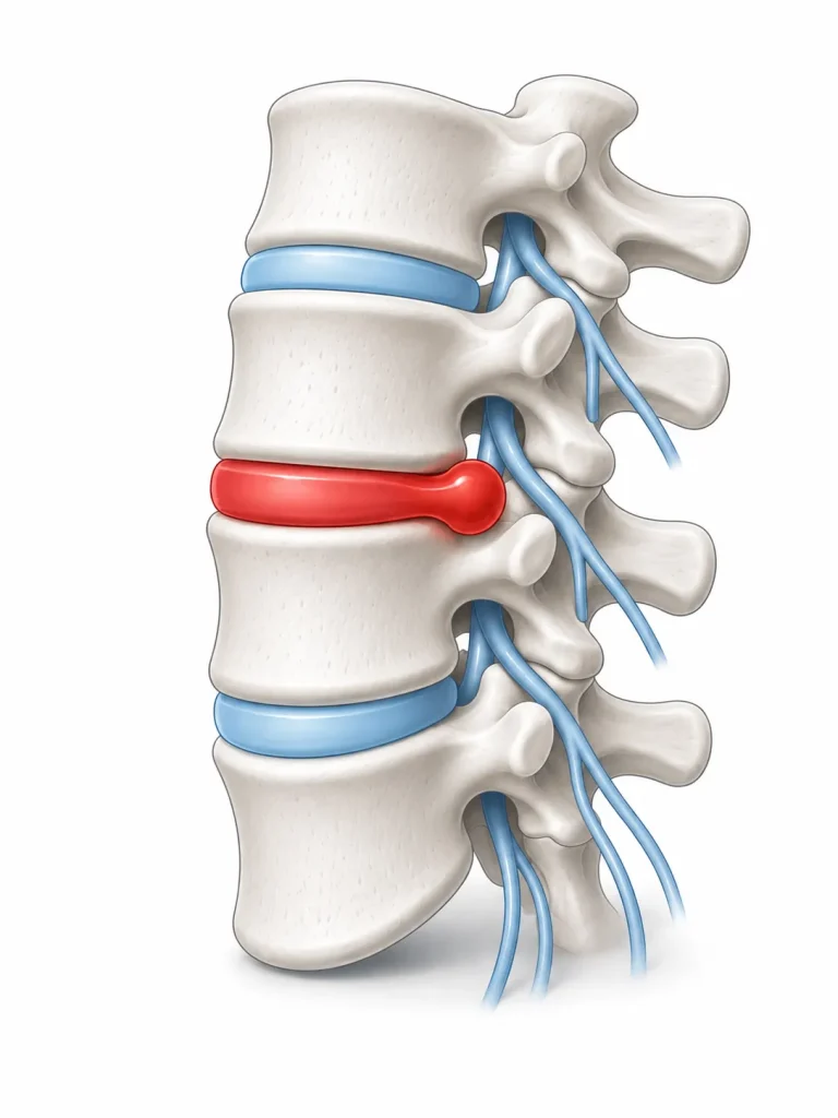 Illustrazione: ernia del disco lombare. L'ozonoterapia agisce sull'infiammazione del disco e dei tessuti circostanti — Studio Ierna, Roma EUR.